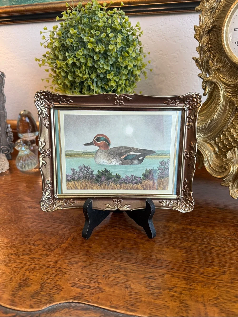 Vintage Ornate Gold Framed Duck Print by English A.F. Lydon with Wood Easel